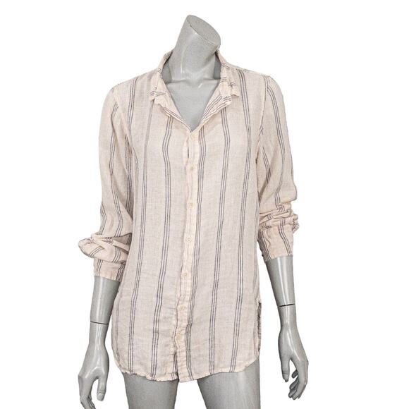 CP SHADES Medium Marella 100% Linen Button up Shirt in Peach Striped - Picture 1 of 9